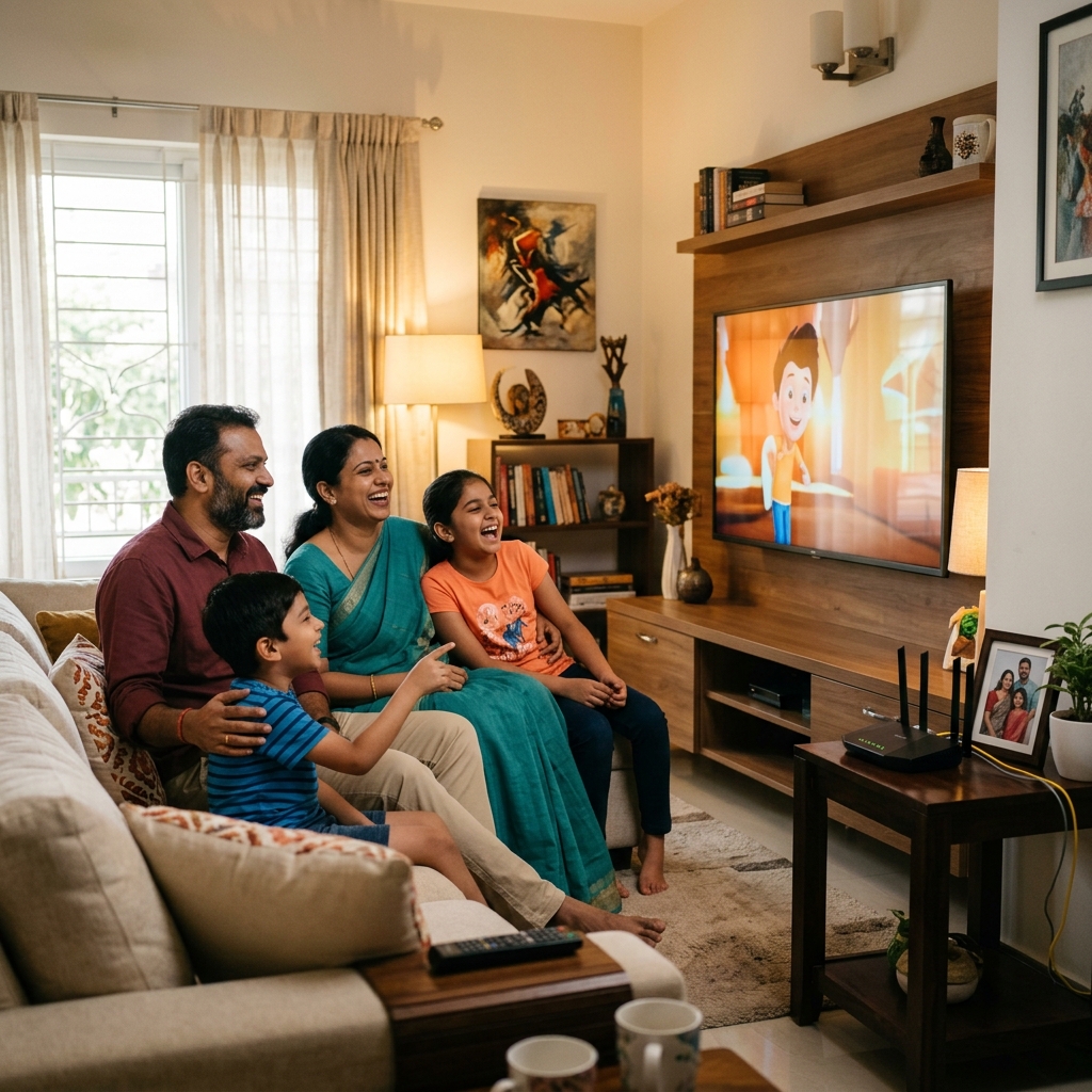 Happy Indian family enjoying fast fiber internet at home