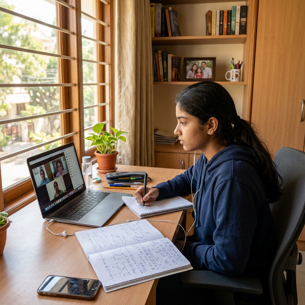 Student attending online class at home