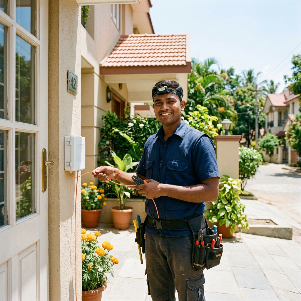 Friendly technician installing fiber at home